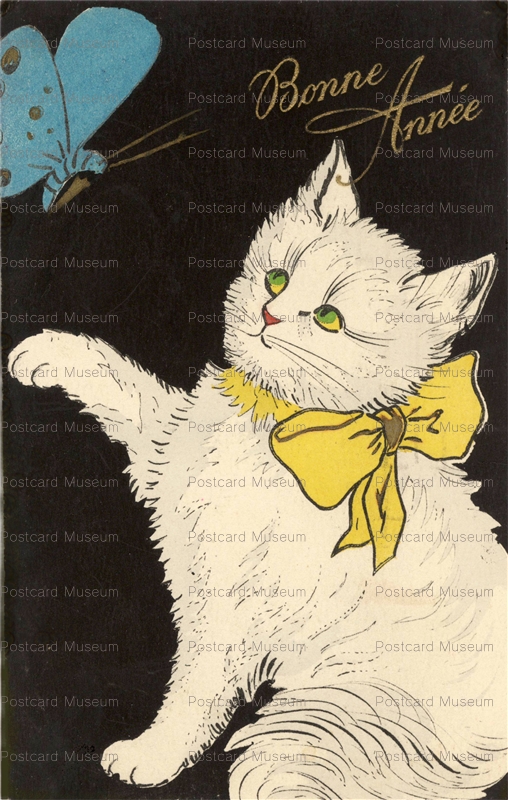 acc011-Cat Play with Butterly Art Deco Bonne Annee