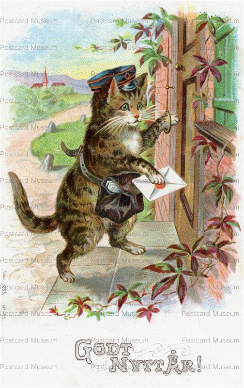 acc057-Helene Maguire Postman Cat brings Letter New Year wish 1904