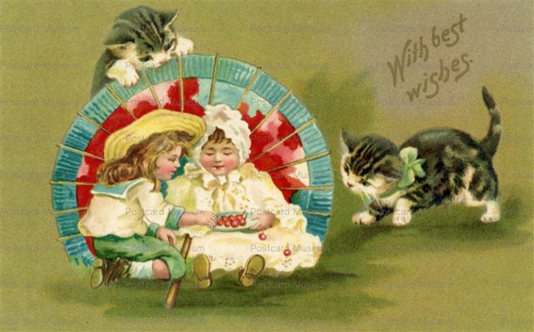 acc088-Boy & Girl Under Parasol Eat Cherries Kittens c1910