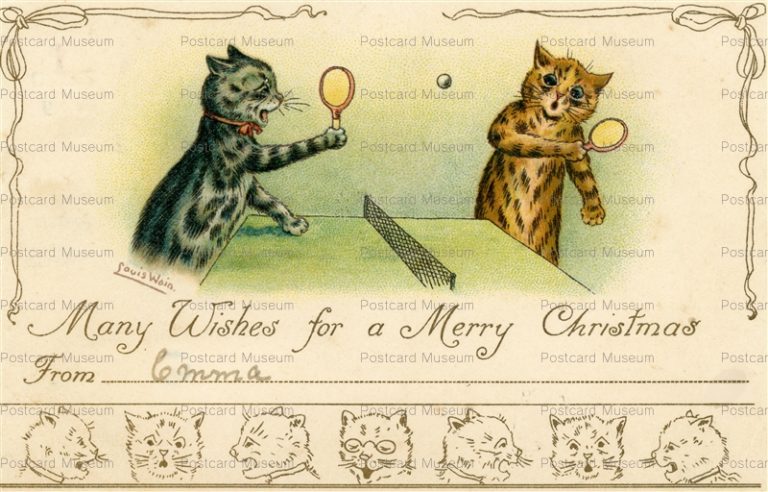 acc138-Louis Wain Cats Play Table Tennis Ping-Pong 1903 Merry Xmas