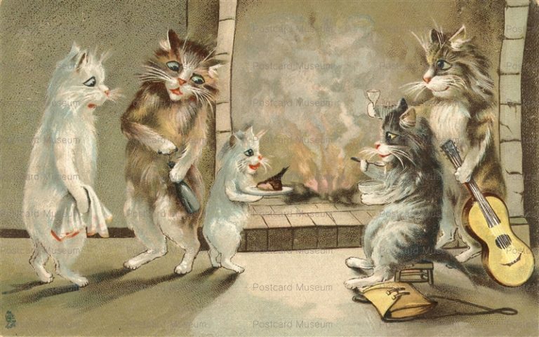 acc210-Maurice Boulanger Dressed Cats Relax by the Fireplace Guitar