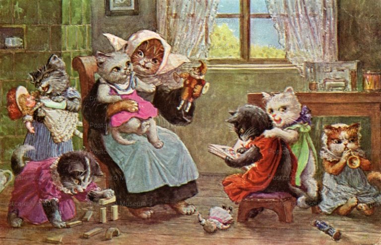 acc275-Arthur Thiele Vermenschlichte Katzen, Mutter und Kinder beim Spiel
