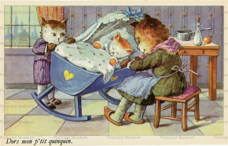 acc365-Dressed cat fantasy baby kitten cradle swing original old 1930s