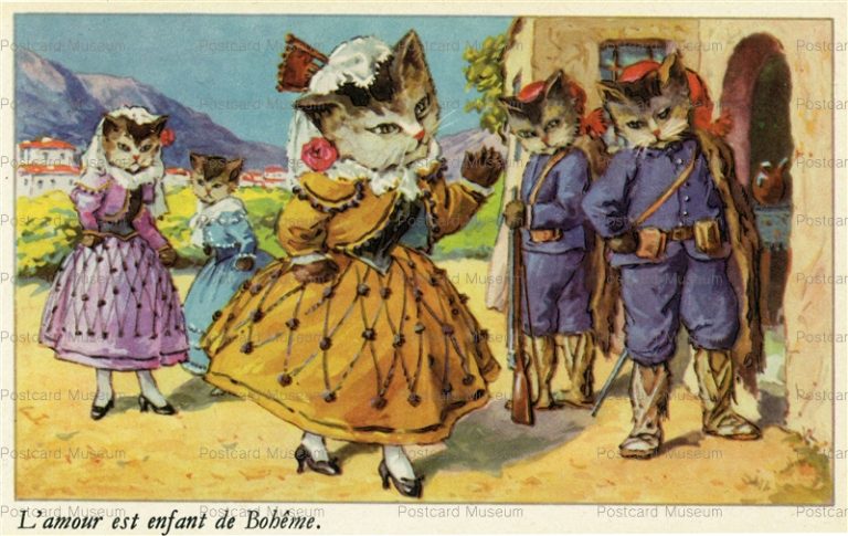 acc395-Dressed cat fantasy soldiers & lady lover original old 1930s