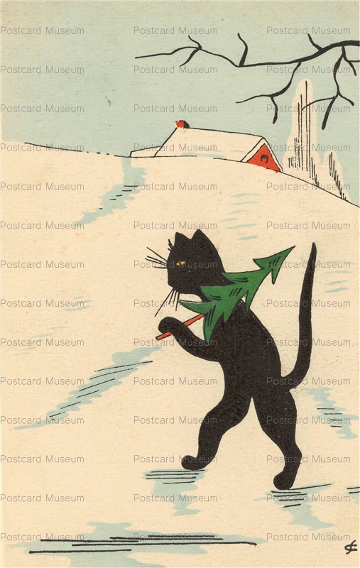 acc435-Black Cat with Christmas Tree Walking in Snow
