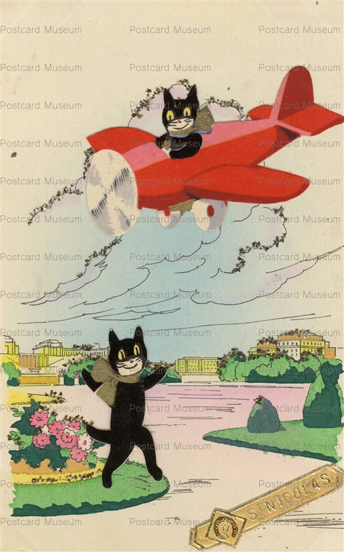 acc445-Black Cats Fly Airplane St Nicolas