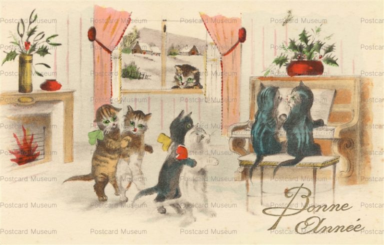 acc520-Pair Cats Play Piano Dance Bonne Annee