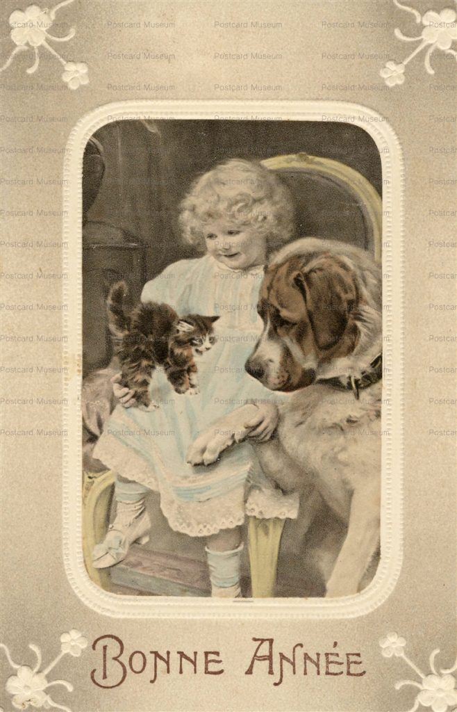 acc850-Girl with Baby Cat Saint Bernard Dog Bonne Annee