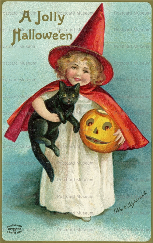chr070-Halloween Greetings Girl Witch Black Cat Clapsaddle