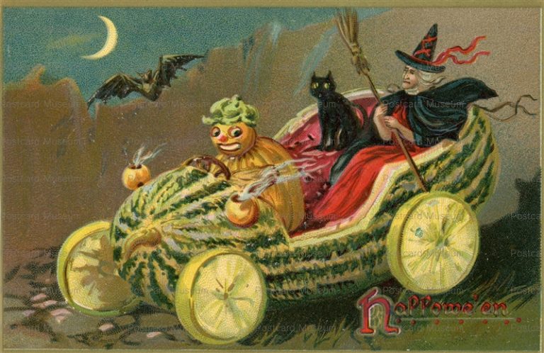 chr100-HALLOWEEN WITCH & BLACK CAT RIDING IN A WATERMELON CAR