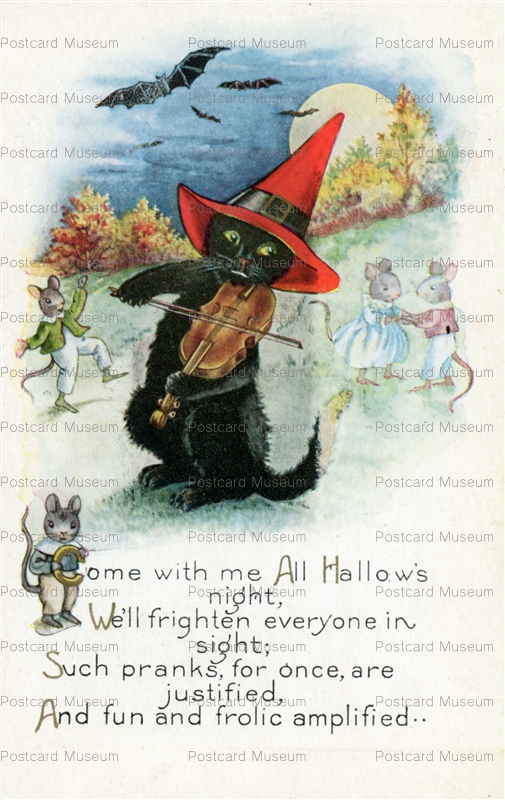 chr240-Halloween Whitney BLack Cat Violin Dancing Mice Bats Moon