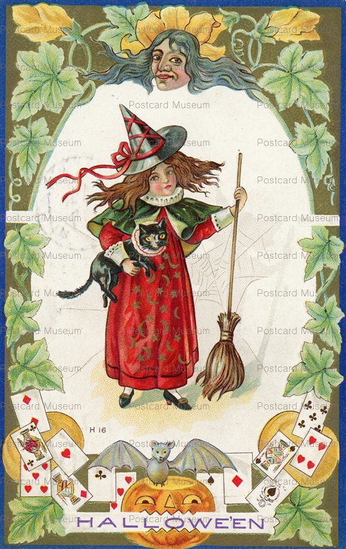 chr257-Halloween Girl In Witch Hat Holding Black Cat.Card Bat Broom