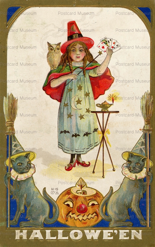 chr260-Halloween Girl Witch Card Magician JOL Black Cat c1908
