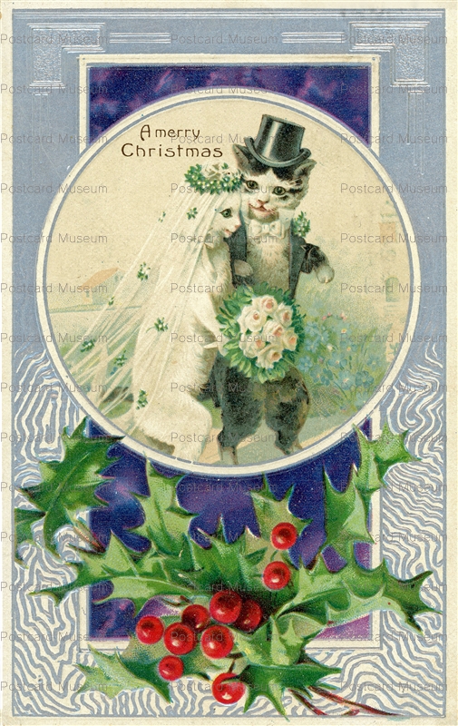 xm045-Merry Christmas Cat Couple Bride & Groom Wedding 1908