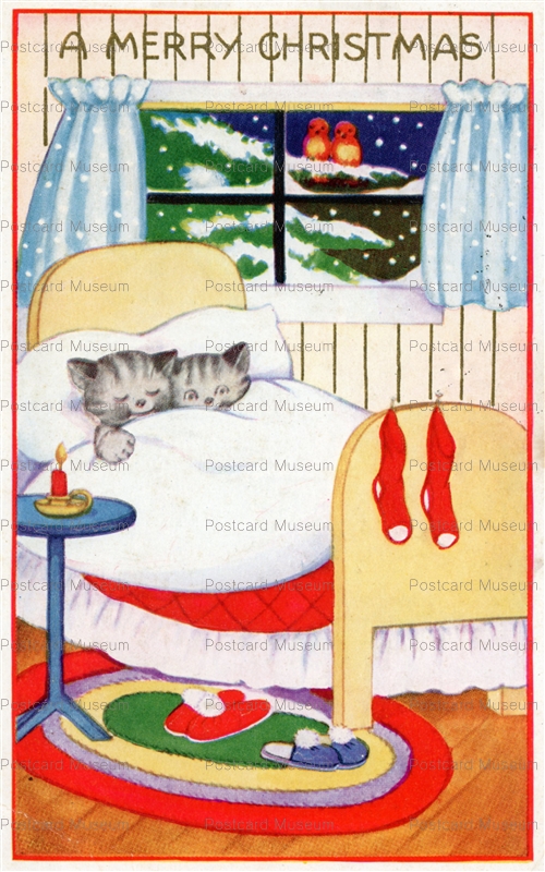 xm265-Kitty Cats Asleep in Bed Stockings Hung Christmasc1915