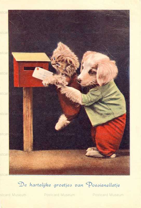 ac009-Dog hold Cat Mail a Letter