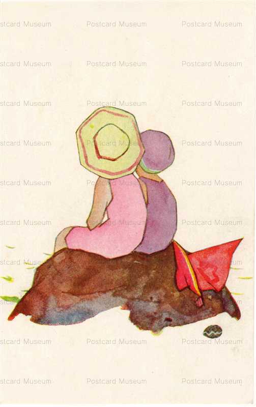 ak173-加藤まさを 海辺のこどもNo36 岩の２人