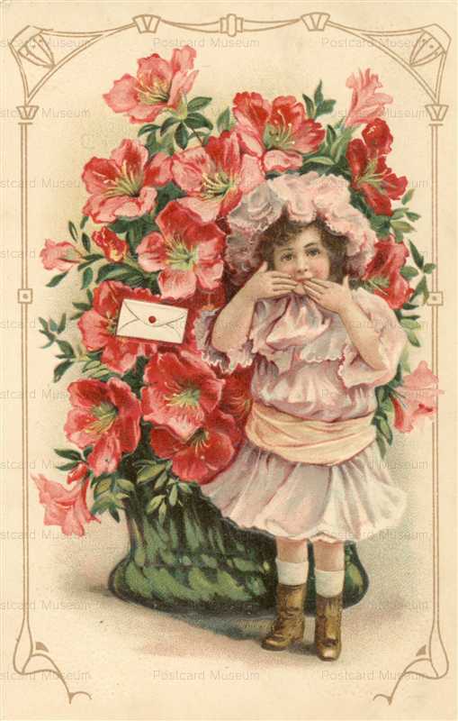 c041-Kiss Girl with Flowers Greeting Embossed