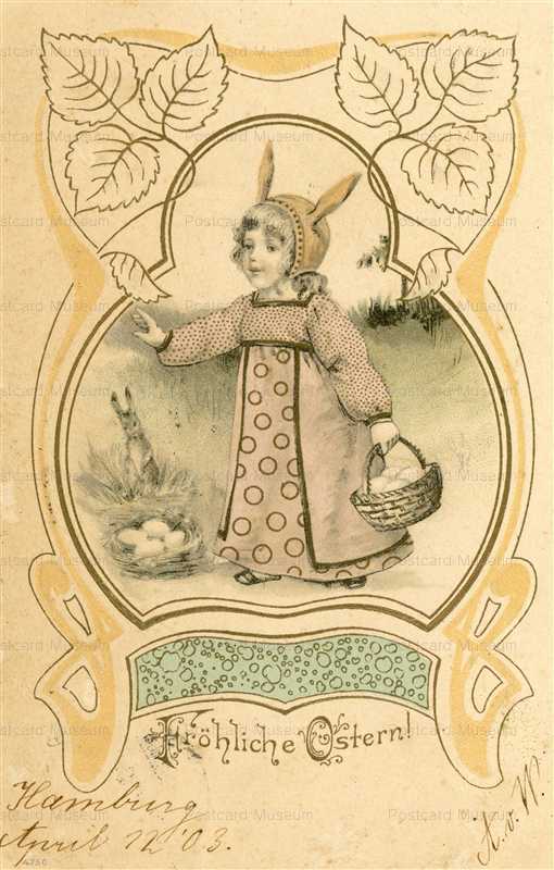 e260-Easter Postcard Frohliche Ostern Small Girl Easter Bunny Ears Bonnet