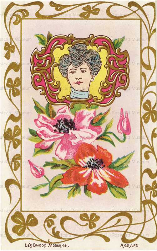 ee103-Jugendstill Woman with Red&Pink Flowers