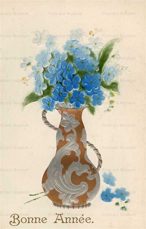 em801-French Flowers in Fancy Vases Bonne Annee