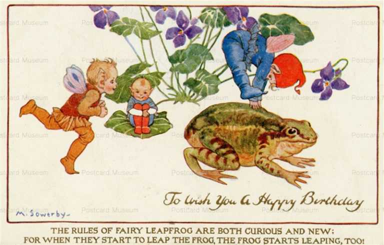 fo610-Millicent Sowerby Fairies with Frog on a Birthday Card