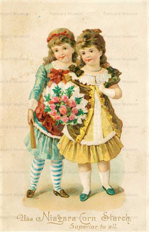 ps190-Trade Card Niagara Corn Starch 2 Young Girls & Roses