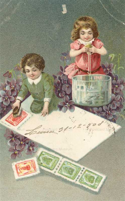 qb109-Philatelic Postcard Child Pasting Stamps on Cover