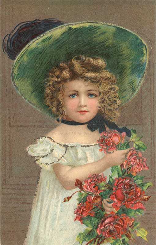 qb630-Little Girl in Big Green Hat Glitter Applique