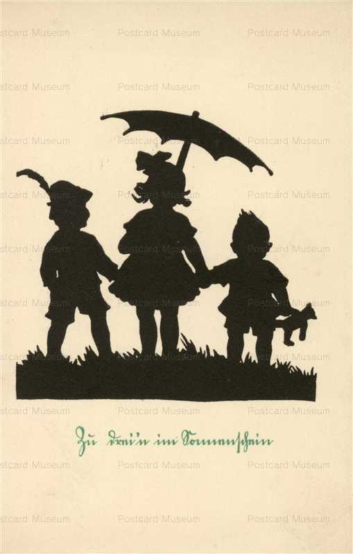 sib664-Silhouette Children with Umbrella & Teddy Bear