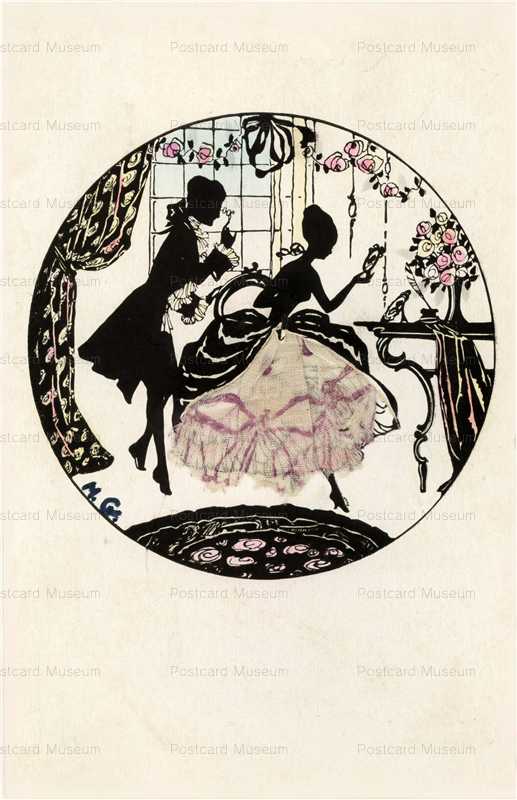 sic091-Silhouette Victorian Couples Silk on Dress Hand Mirror