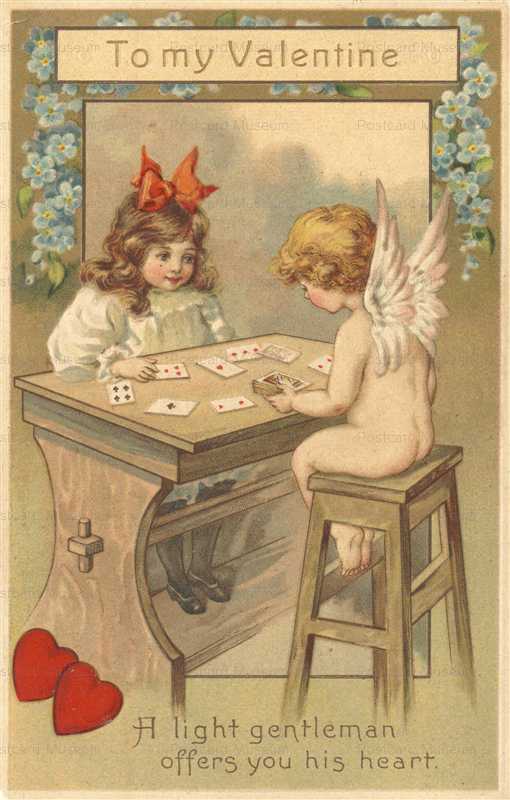 v265-Valentine Girl & Cupid Playing Cards Heart E H Clapsaddle