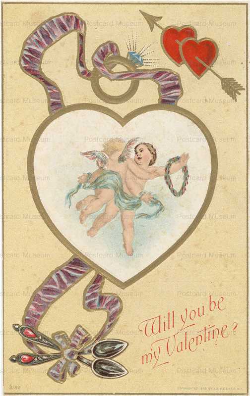 v327-Beautiful Cupids in Heart Antique Valentine