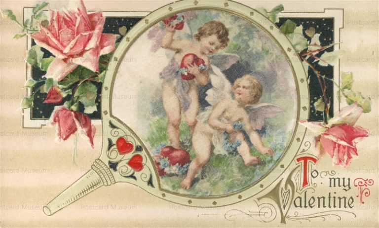 v340-Valentine Two Cupid Heart and Roses