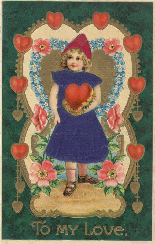 vl428-Valentine Silk Dress Girl Carrying Hearts and Flowers