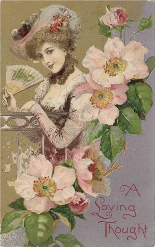 vl430-beautiful Woman with Fan Wild Pink Roses