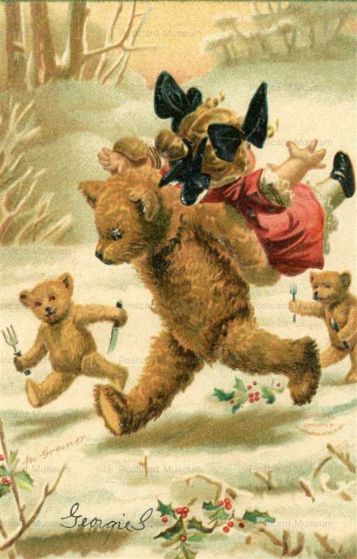 dob1070-M Greinert Teddy Bear Carries Little Girl Through Woods