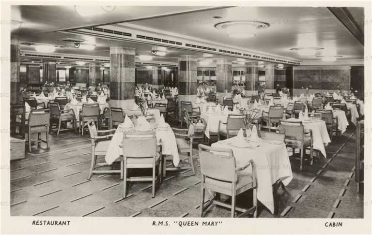 shi520-Interior view North Atlantic Ocean Liner RMS Queen Mary 1936 Restaurant Cabin