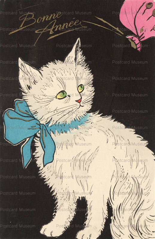 acc012-Cat Play with Butterly Art Deco Bonne Annee