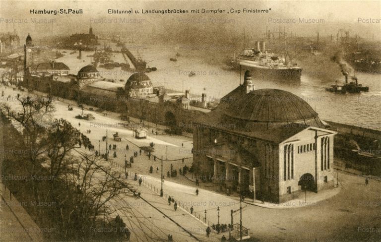 eug144-Hamburg-St.Pauli Elbtunnel u Landungsbrucken mit Dampfer Cap Finisterre